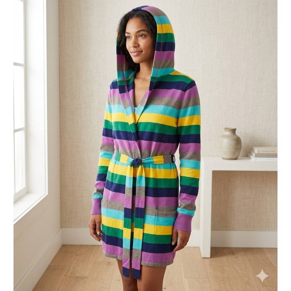 Xhilaration Womens Rainbow Striped Hooded Robe Multi Color Belted XS